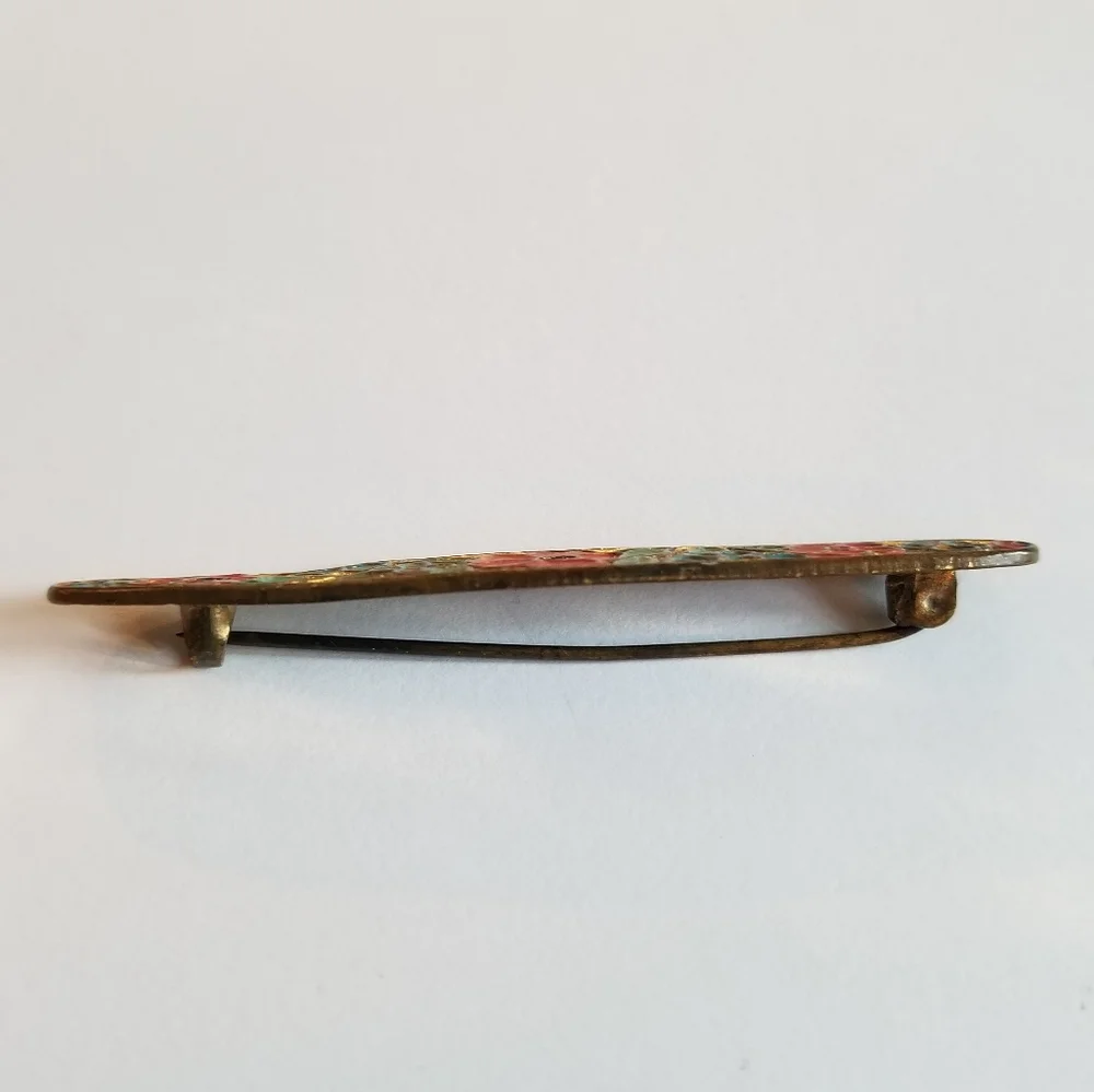 Vintage enamel flowers bar pin pink gold tone brooch floral